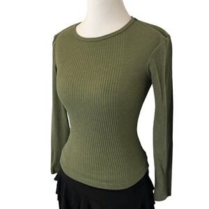 ellemenno Ribbed Long Sleeve Crew Neck Top Olive Green Size M
